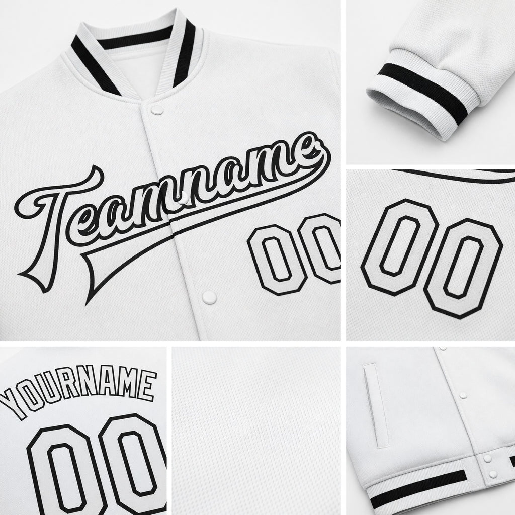 Custom White White-Black Bomber Full-Snap Varsity Letterman Jacket detail