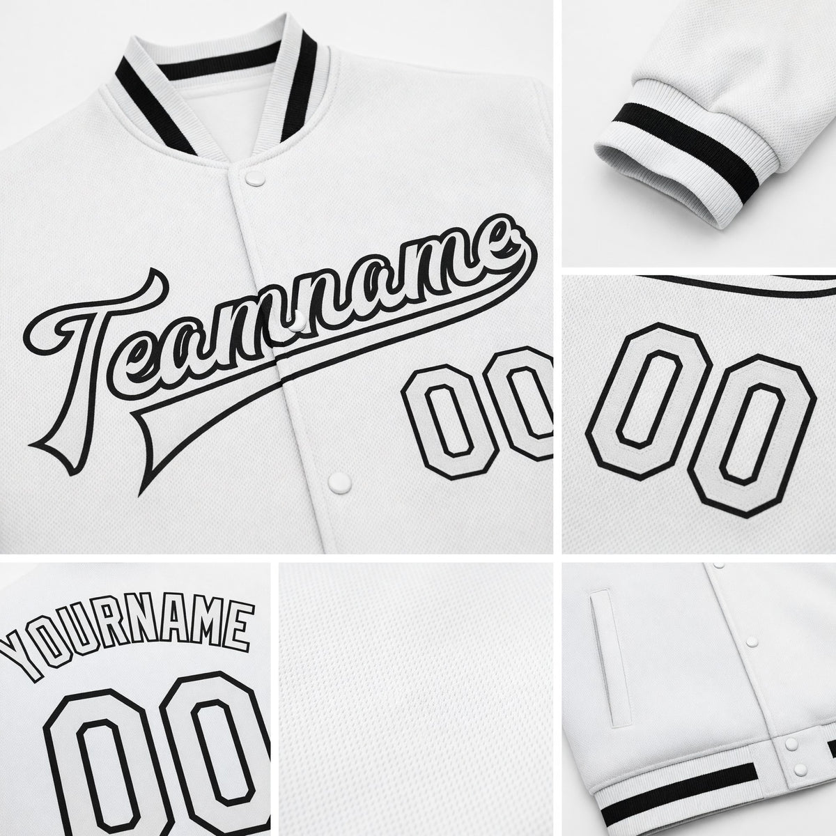 Custom White White-Black Bomber Full-Snap Varsity Letterman Jacket detail