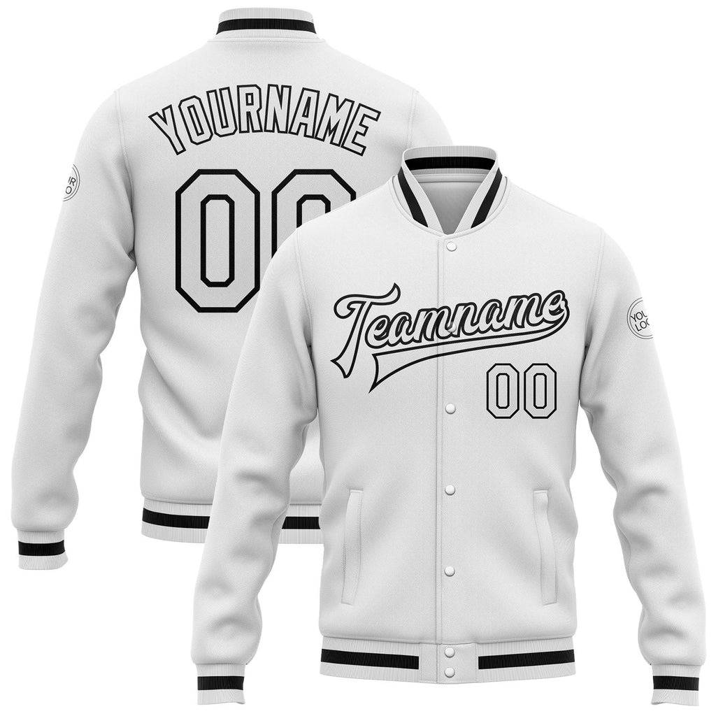 Custom White White-Black Bomber Full-Snap Varsity Letterman Jacket photo 1