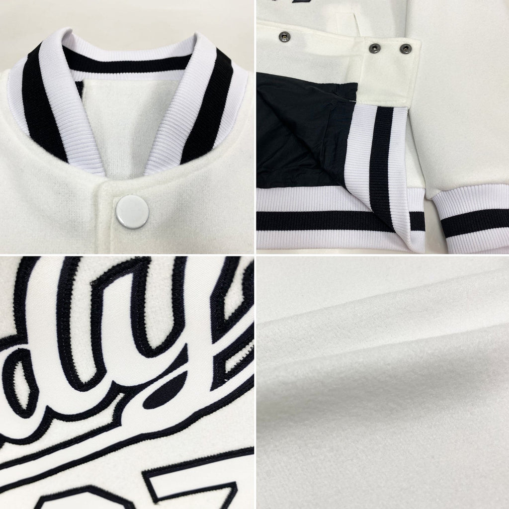 Custom White White-Black Bomber Full-Snap Varsity Letterman Jacket photo 4