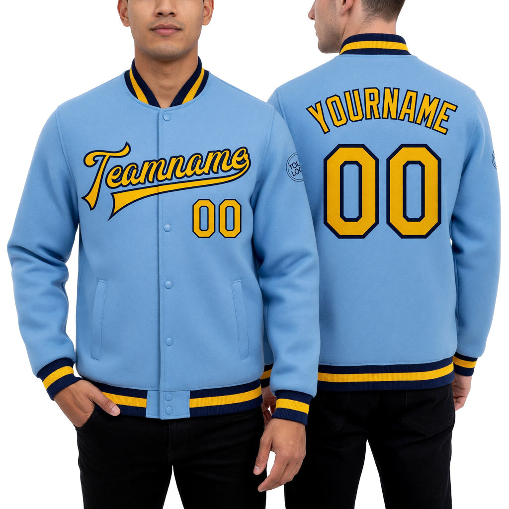 Custom Light Blue Gold-Navy Bomber Full-Snap Varsity Letterman Jacket worn front and back