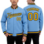 Custom Light Blue Gold-Navy Bomber Full-Snap Varsity Letterman Jacket worn front and back