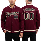 Custom Crimson Black Cream-Maroon Bomber Full-Snap Varsity Letterman Jacket worn front and back