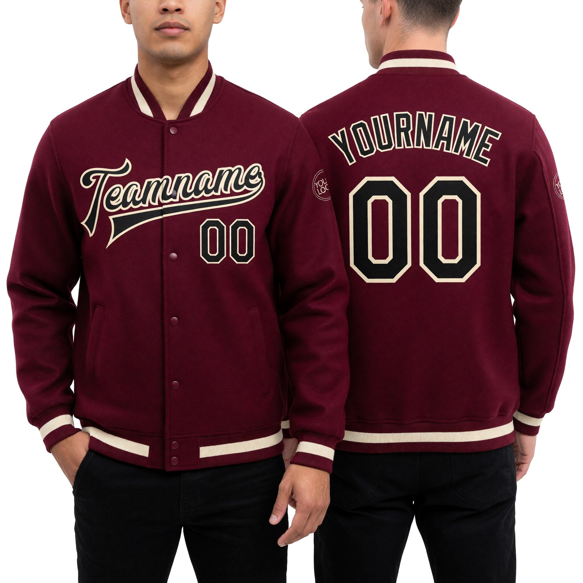 Custom Crimson Black Cream-Maroon Bomber Full-Snap Varsity Letterman Jacket worn front and back