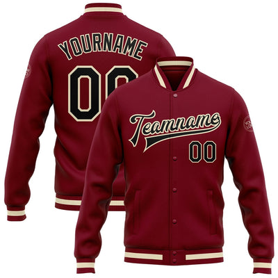 Custom Crimson and Black Full Snap Bomber Varsity Jacket with Cream and Maroon Accents
