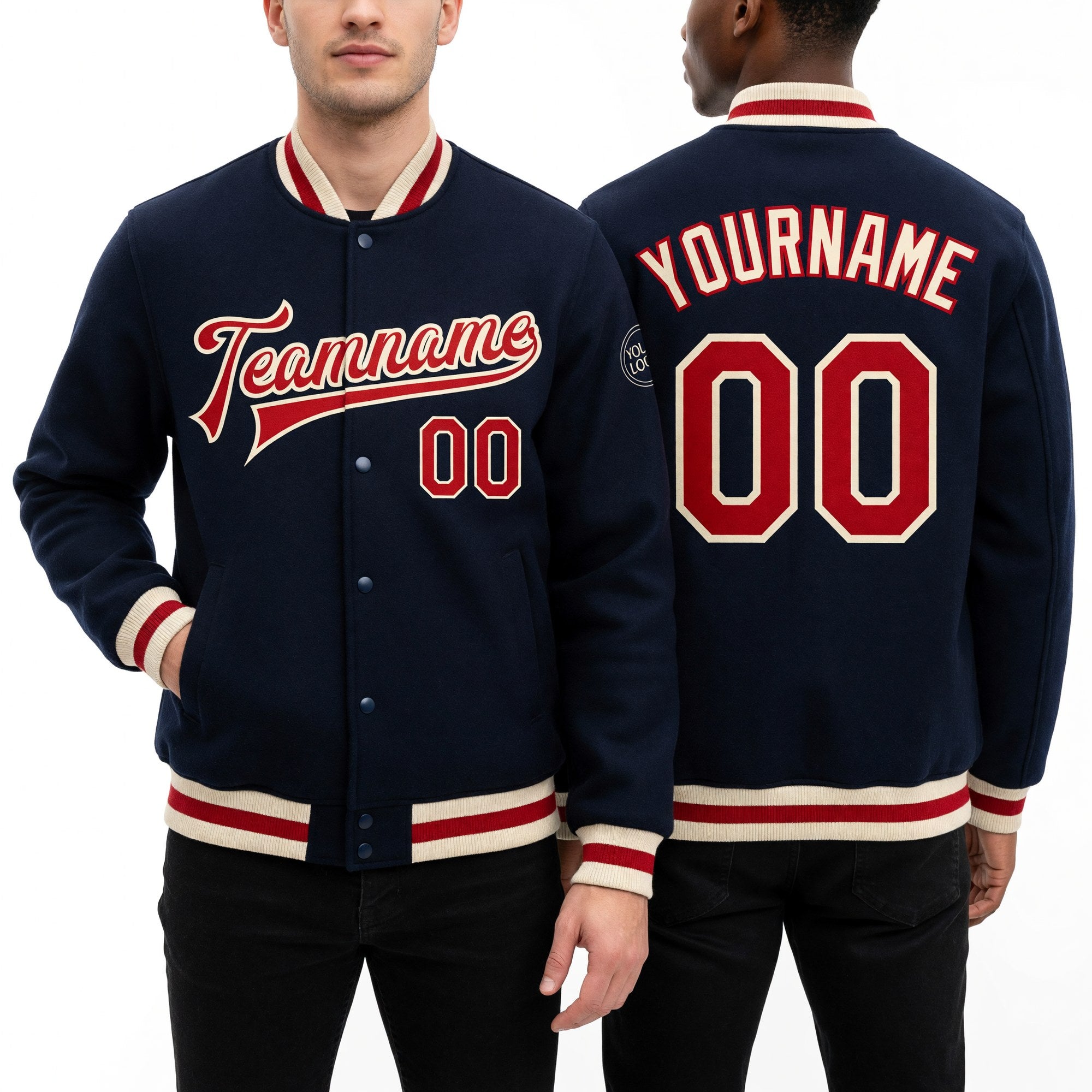 Custom Navy Red-Cream Bomber Full-Snap Varsity Letterman Jacket worn front and back