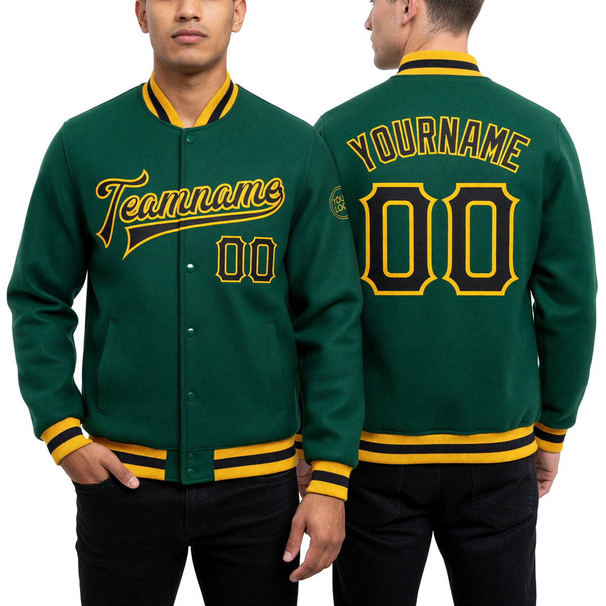 Custom Kelly Green Black-Gold Bomber Full-Snap Varsity Letterman Jacket worn front and back