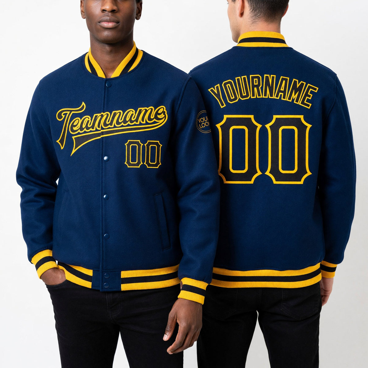 Custom Royal Black-Gold Bomber Full-Snap Varsity Letterman Jacket worn front and back