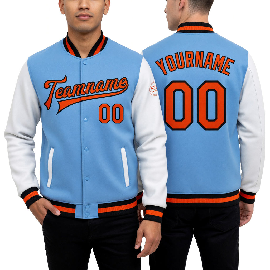 Custom Light Blue Orange-Black Bomber Full-Snap Varsity Letterman Two Tone Jacket worn front and back