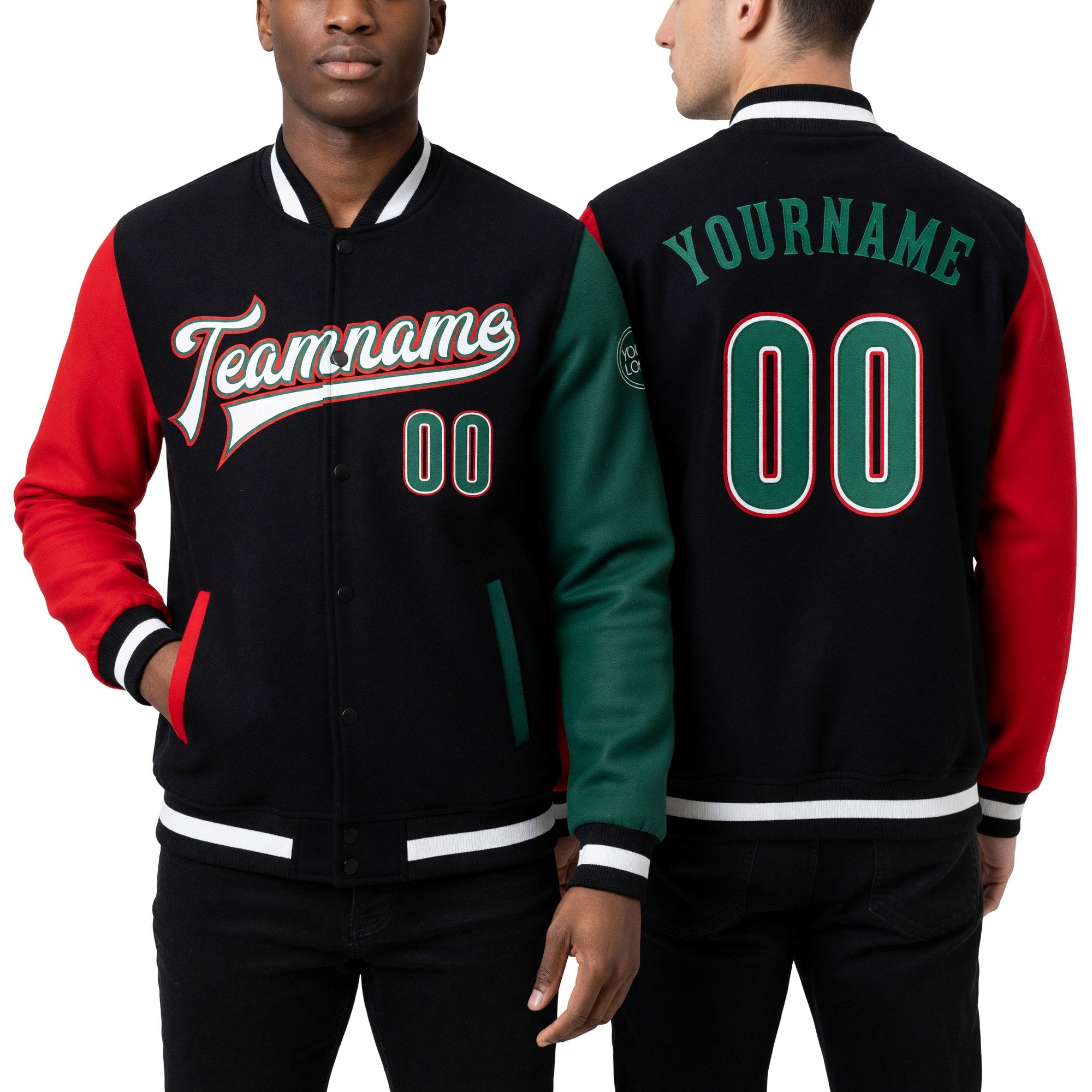 Custom Black Kelly Green-Red Bomber Full-Snap Varsity Letterman Two Tone Jacket worn front and back