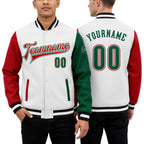 Custom White Kelly Green-Red Bomber Full-Snap Varsity Letterman Two Tone Jacket worn front and back