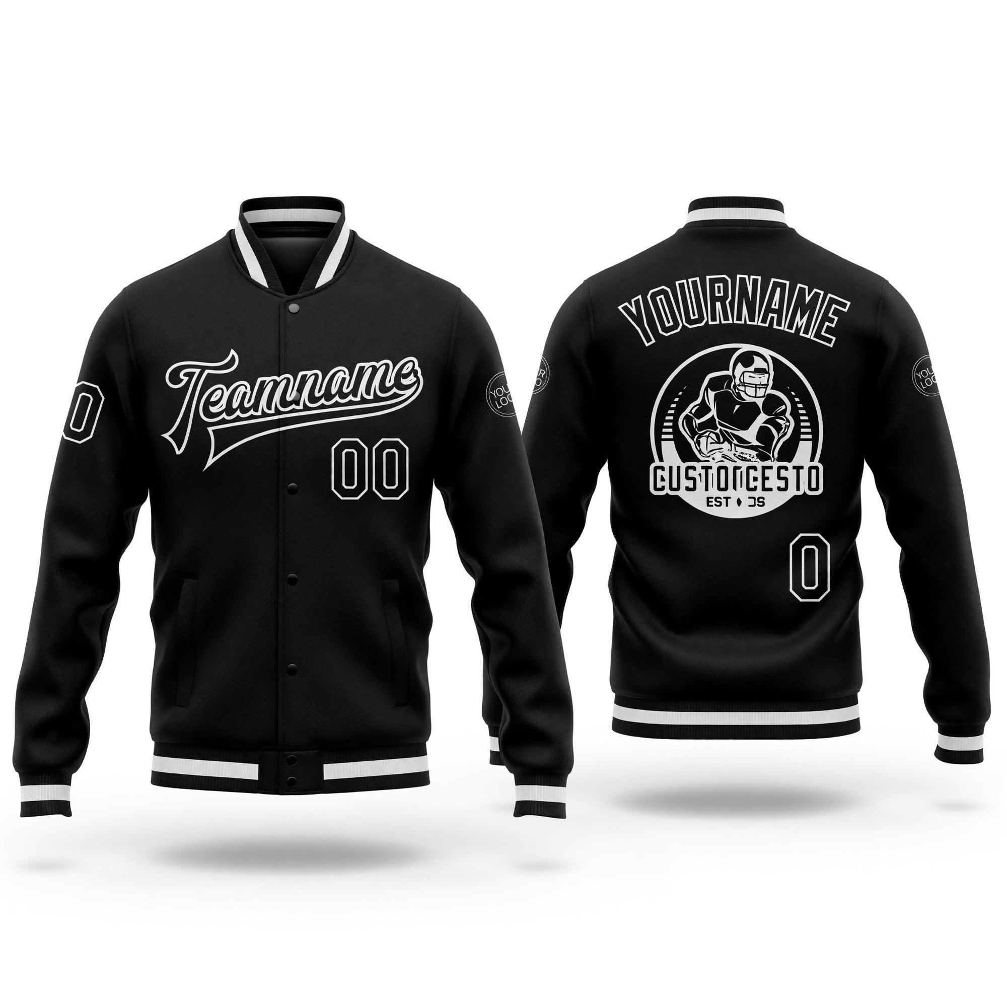 Custom Black Black-White Bomber Full-Snap Varsity Letterman Jacket