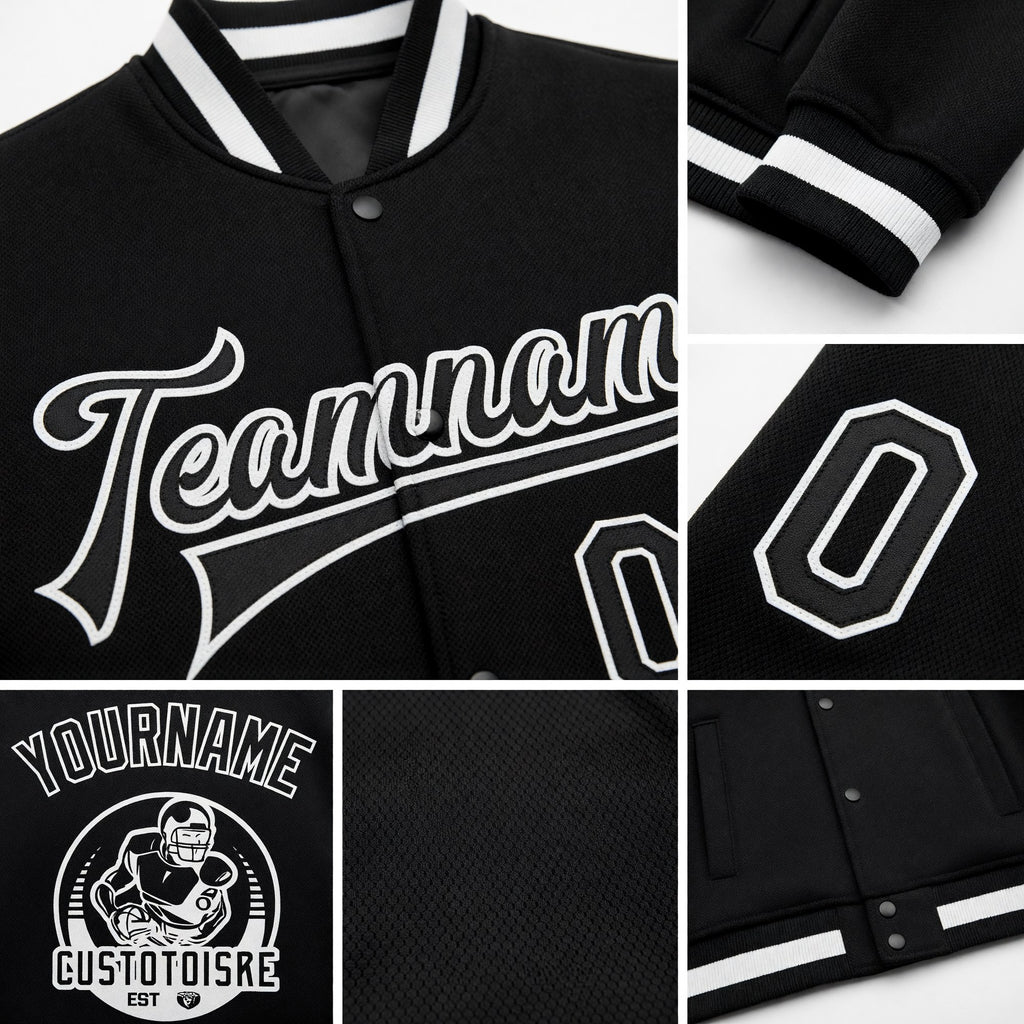 Custom Black Black-White Bomber Full-Snap Varsity Letterman Jacket detail