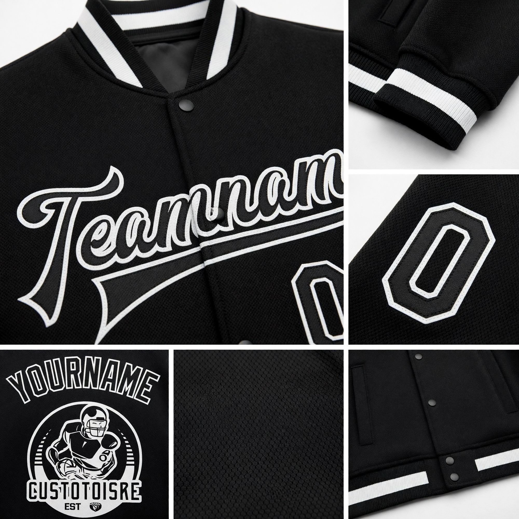 Custom Black Black-White Bomber Full-Snap Varsity Letterman Jacket detail