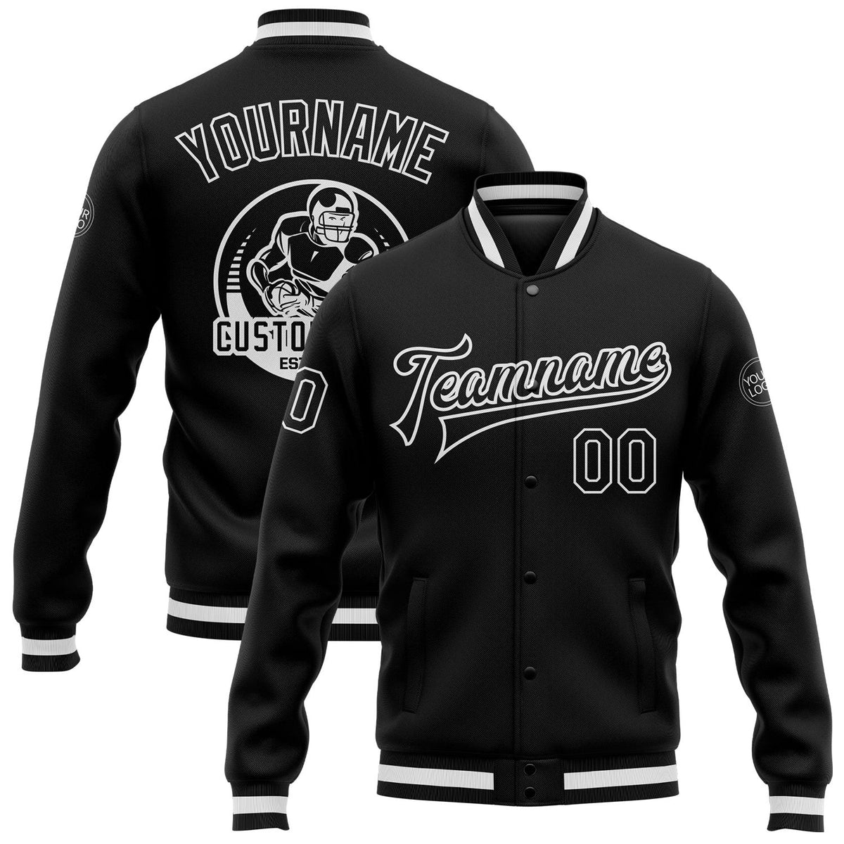 Custom Black Black-White Bomber Full-Snap Varsity Letterman Jacket photo 1