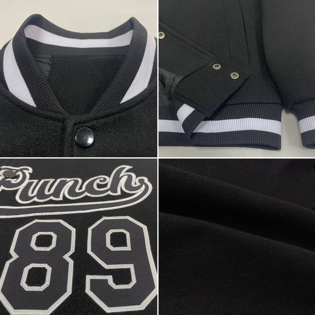 Custom Black Black-White Bomber Full-Snap Varsity Letterman Jacket photo 4