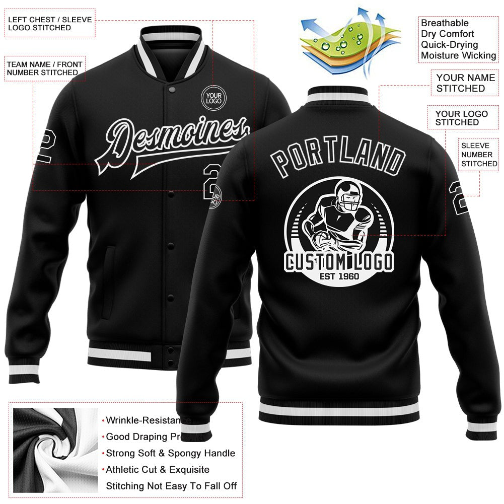 Custom Black Black-White Bomber Full-Snap Varsity Letterman Jacket photo 5