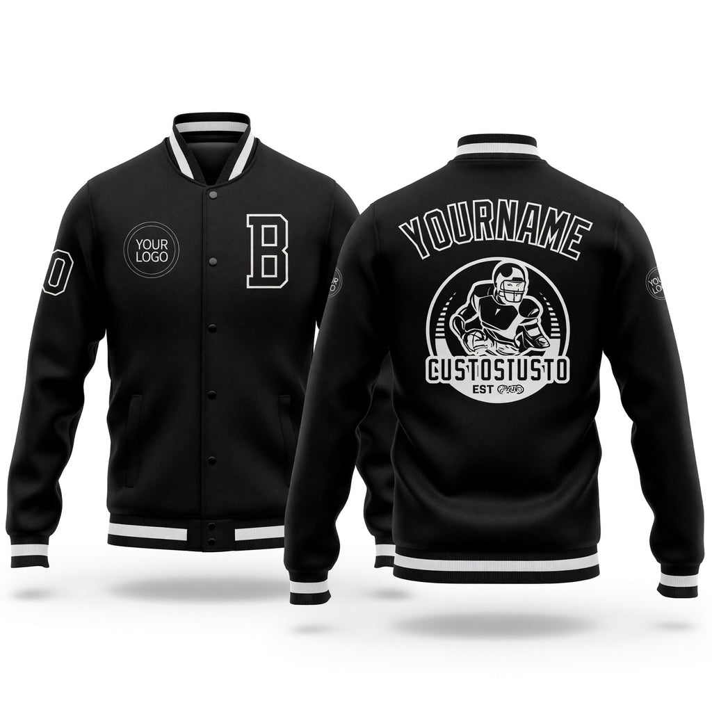 Custom Black Black-White Bomber Full-Snap Varsity Letterman Jacket