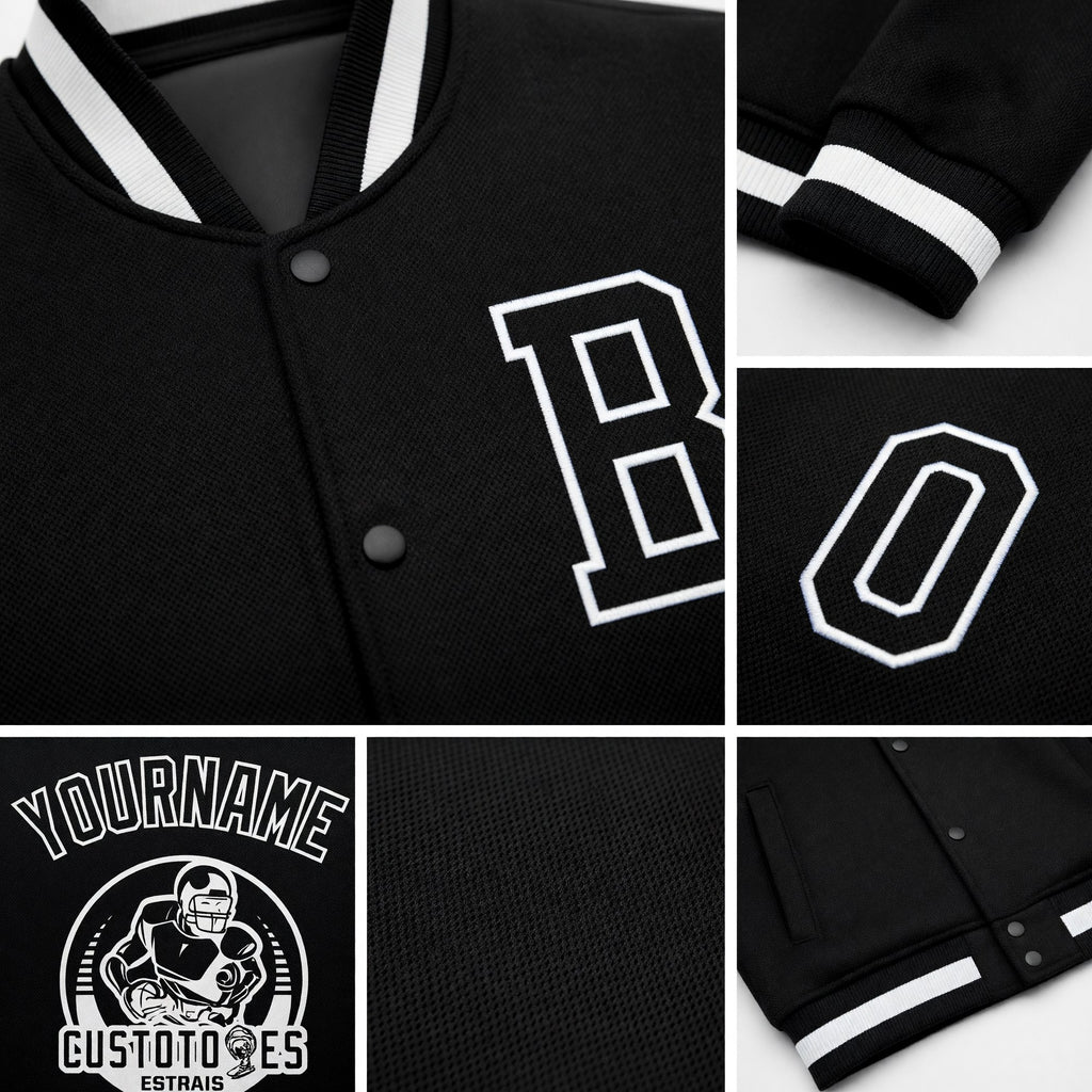 Custom Black Black-White Bomber Full-Snap Varsity Letterman Jacket detail