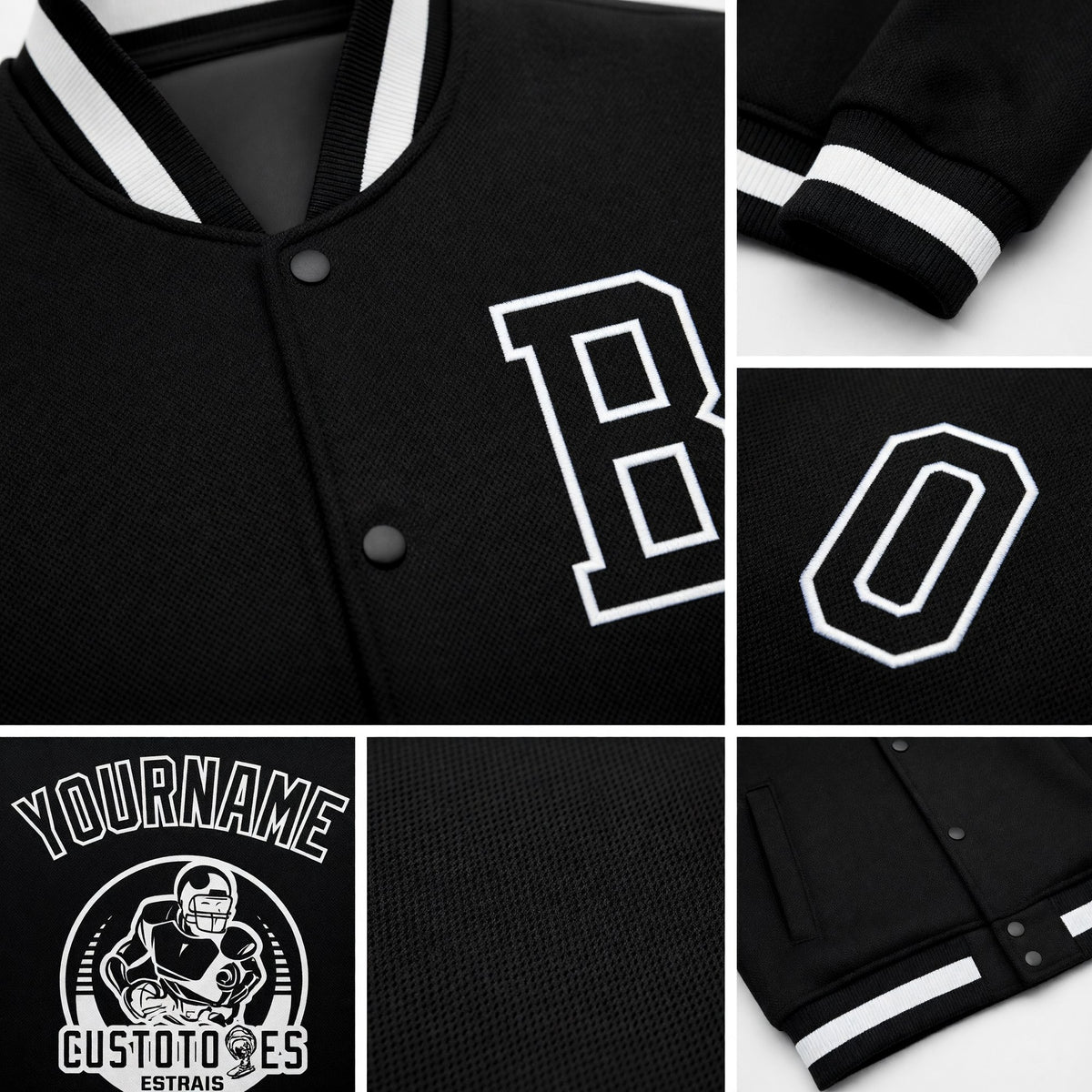 Custom Black Black-White Bomber Full-Snap Varsity Letterman Jacket detail