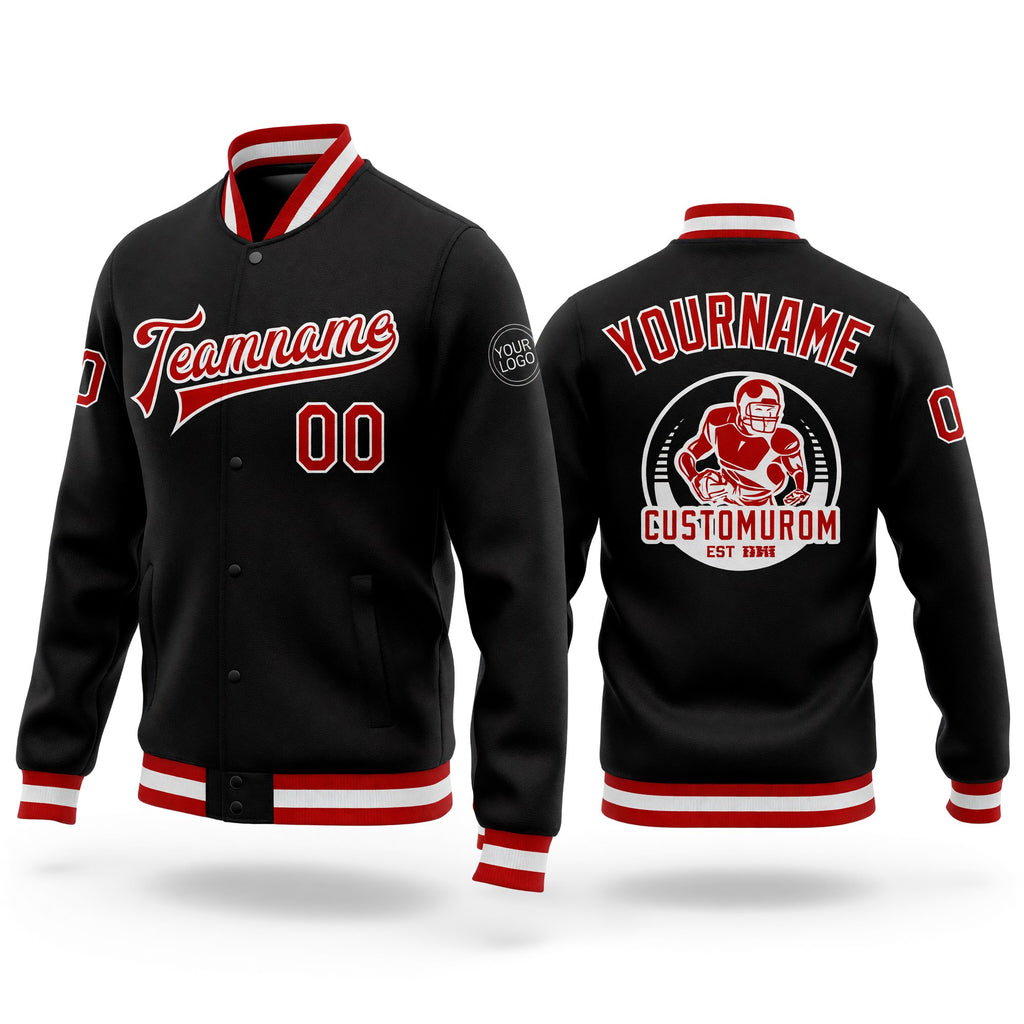 Custom Black Red-White Bomber Full-Snap Varsity Letterman Jacket