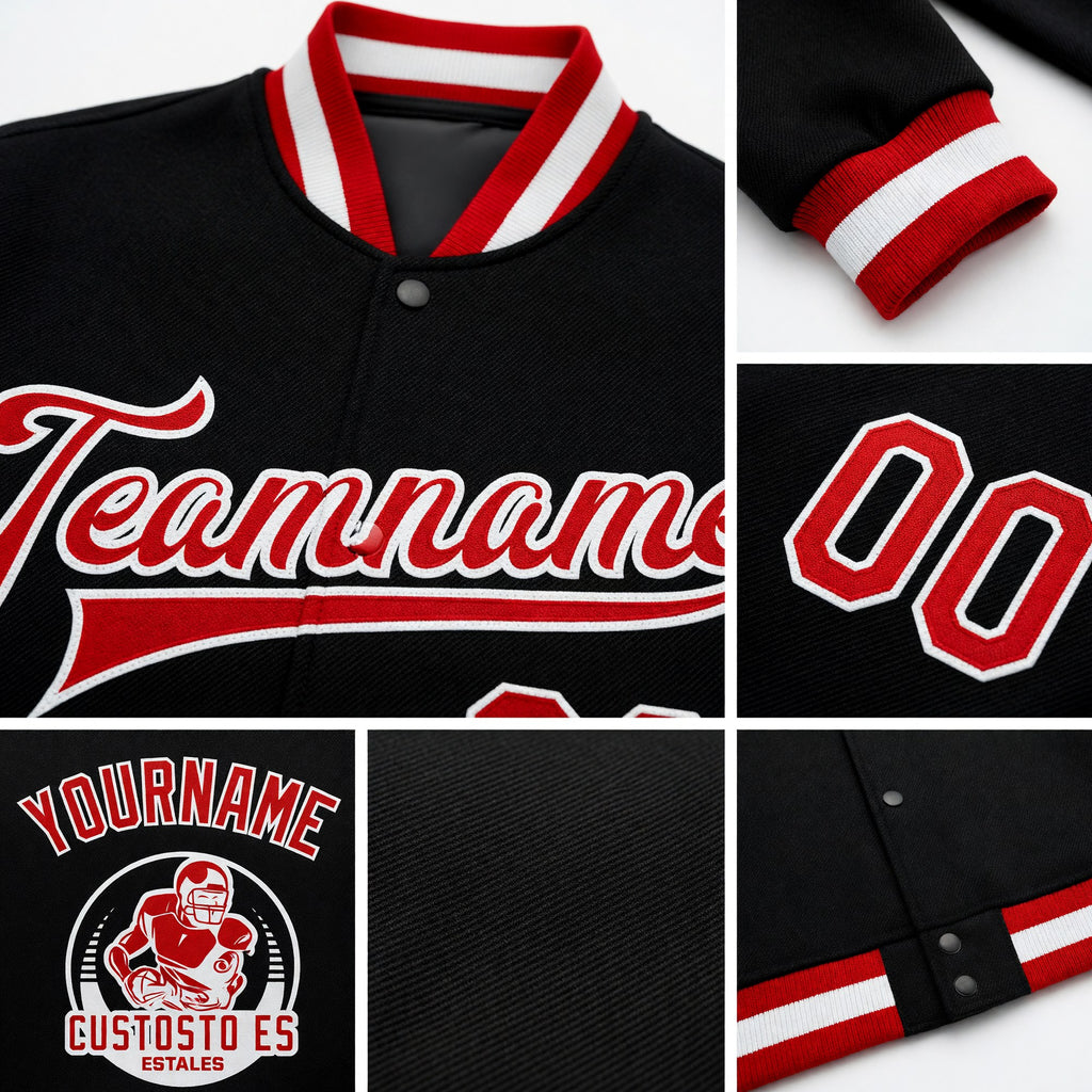 Custom Black Red-White Bomber Full-Snap Varsity Letterman Jacket detail