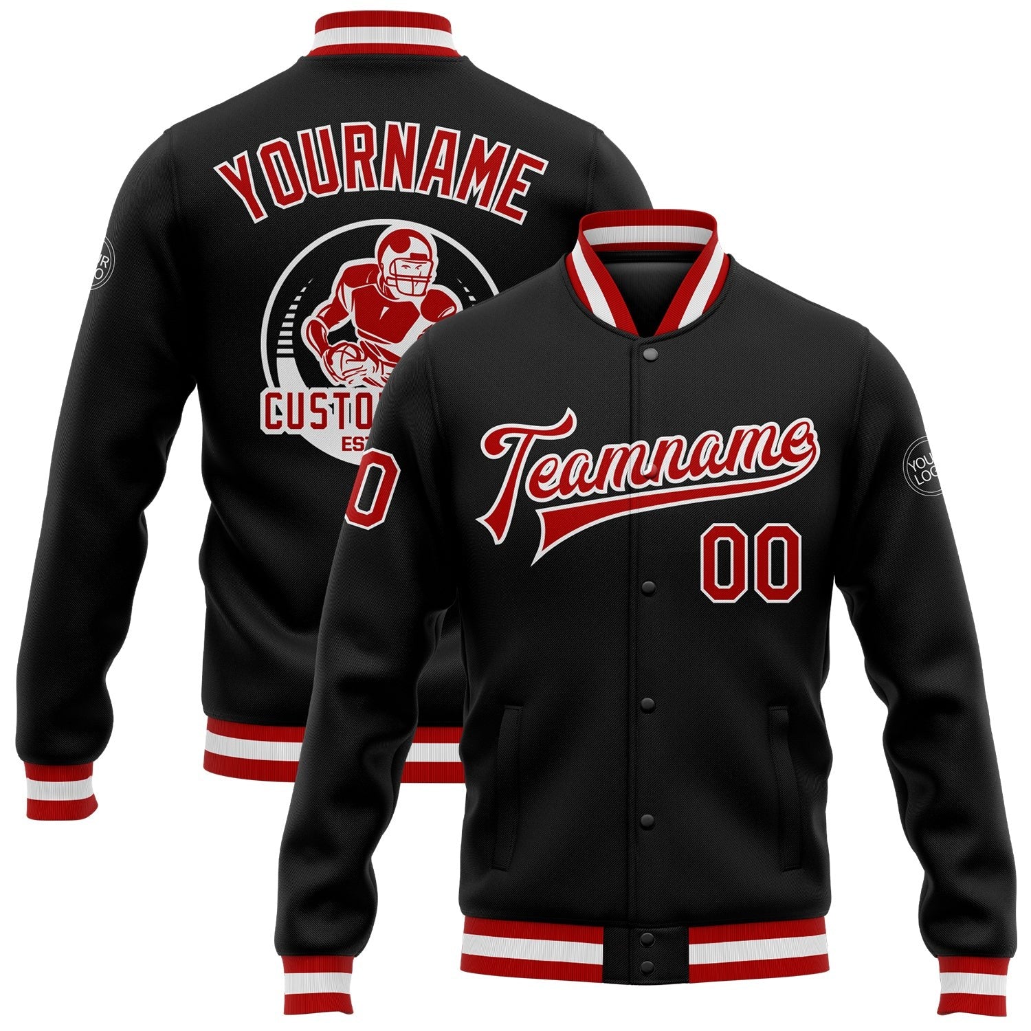 Custom Black Red-White Bomber Full-Snap Varsity Letterman Jacket photo 1