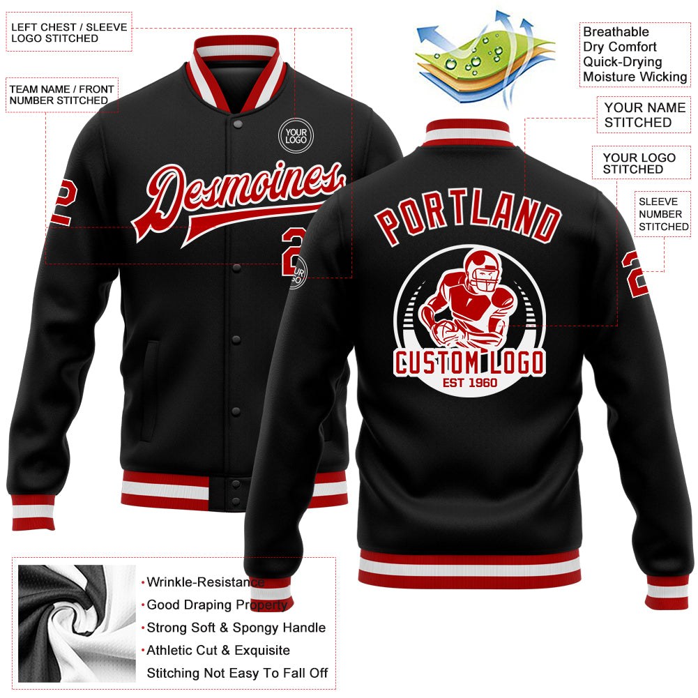 Custom Black Red-White Bomber Full-Snap Varsity Letterman Jacket photo 5