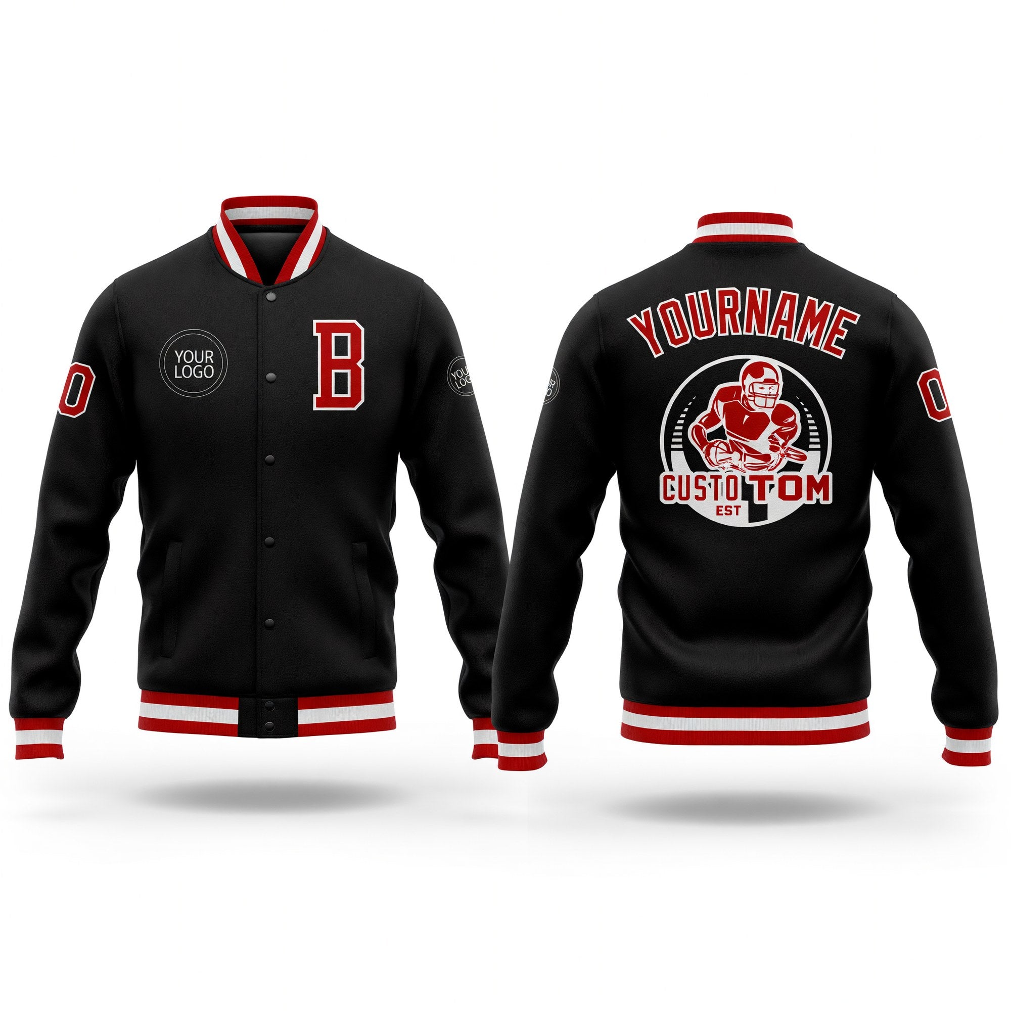Custom Black Red-White Bomber Full-Snap Varsity Letterman Jacket