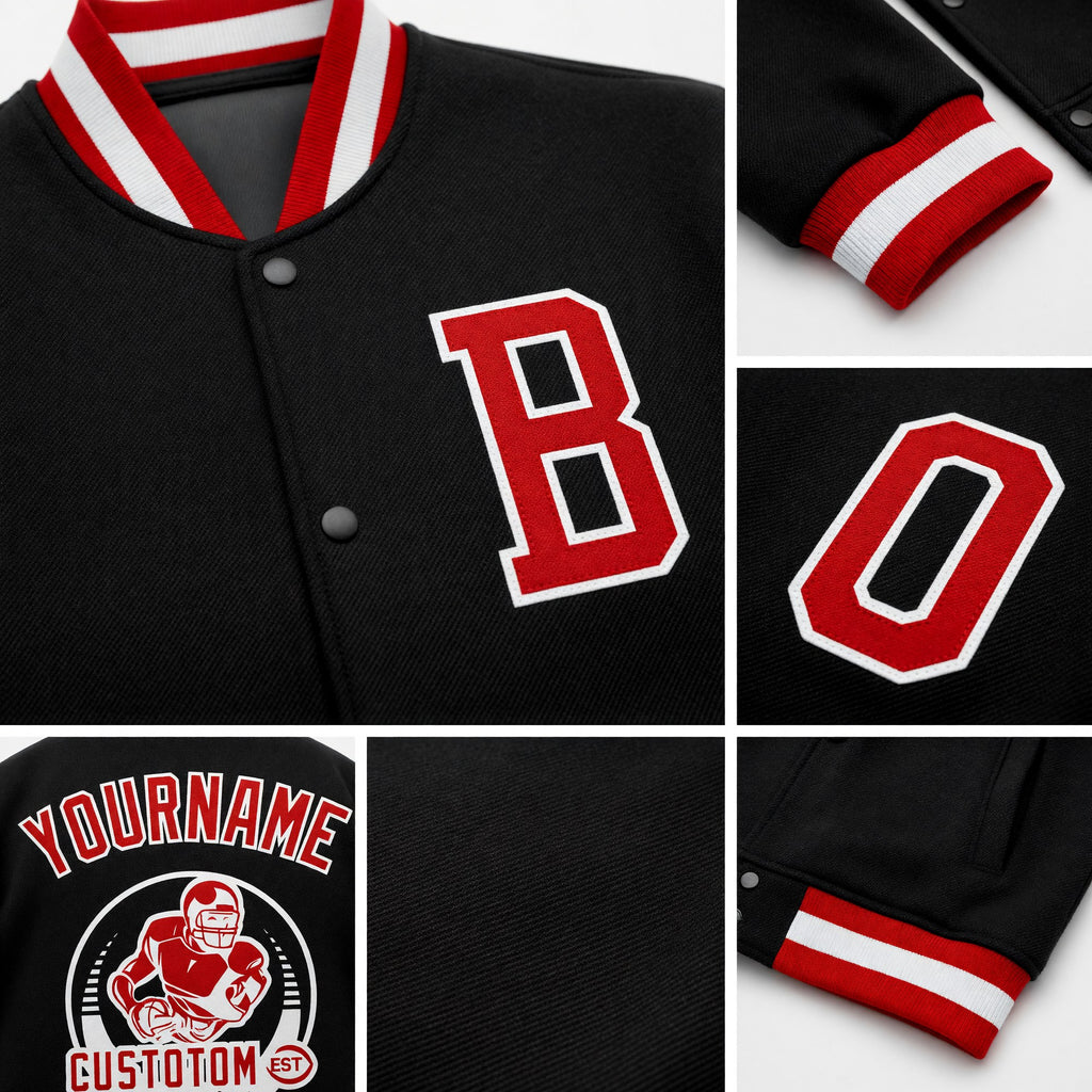 Custom Black Red-White Bomber Full-Snap Varsity Letterman Jacket detail