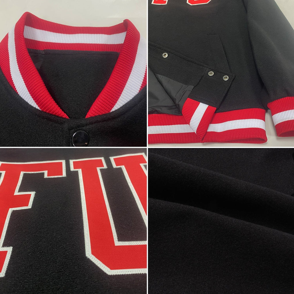 Custom Black Red-White Bomber Full-Snap Varsity Letterman Jacket photo 4