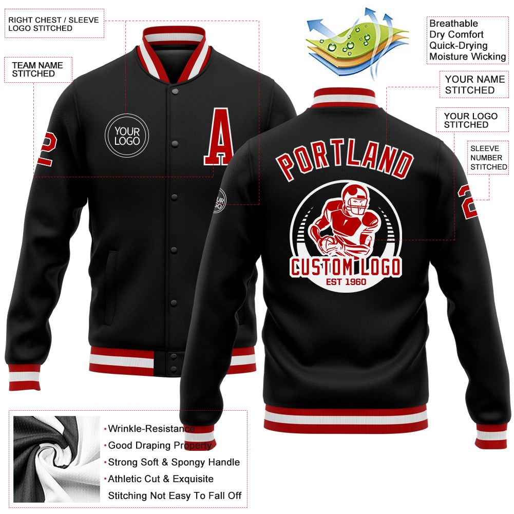 Custom Black Red-White Bomber Full-Snap Varsity Letterman Jacket photo 5