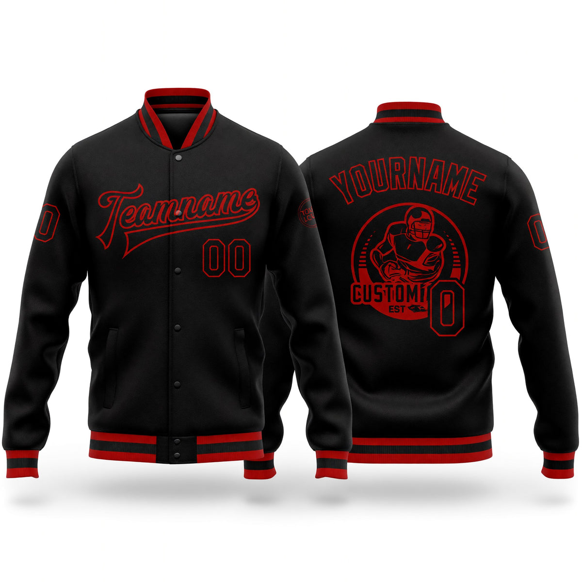 Custom Black Black-Red Bomber Full-Snap Varsity Letterman Jacket
