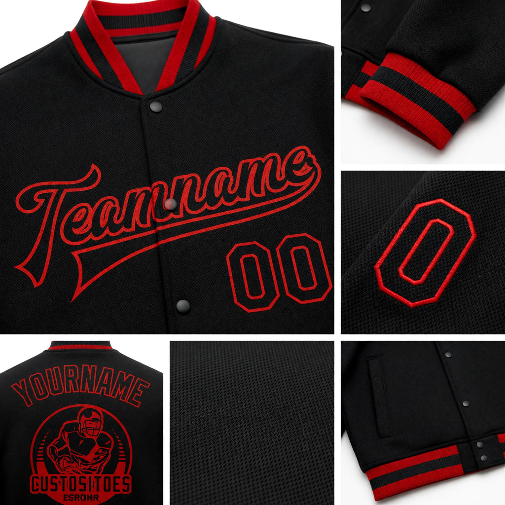 Custom Black Black-Red Bomber Full-Snap Varsity Letterman Jacket detail