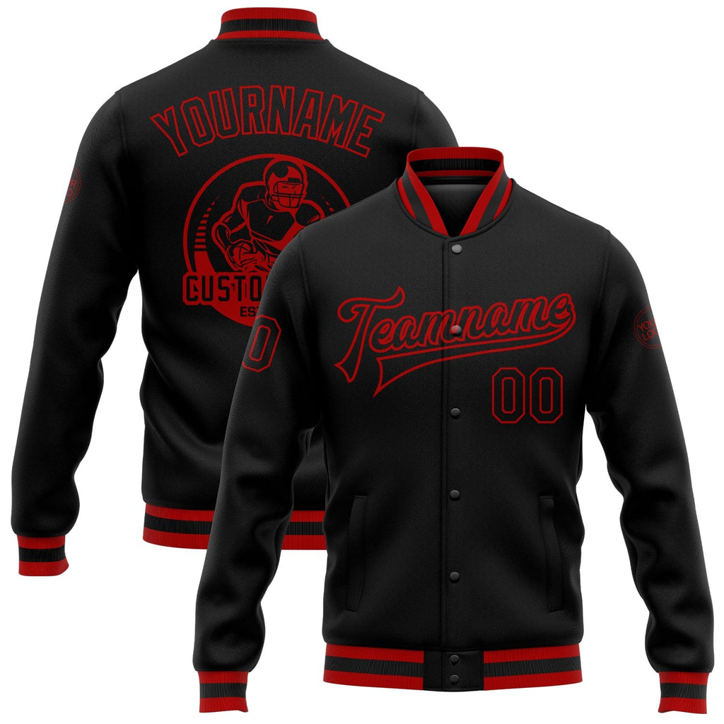 Custom Black Black-Red Bomber Full-Snap Varsity Letterman Jacket photo 1