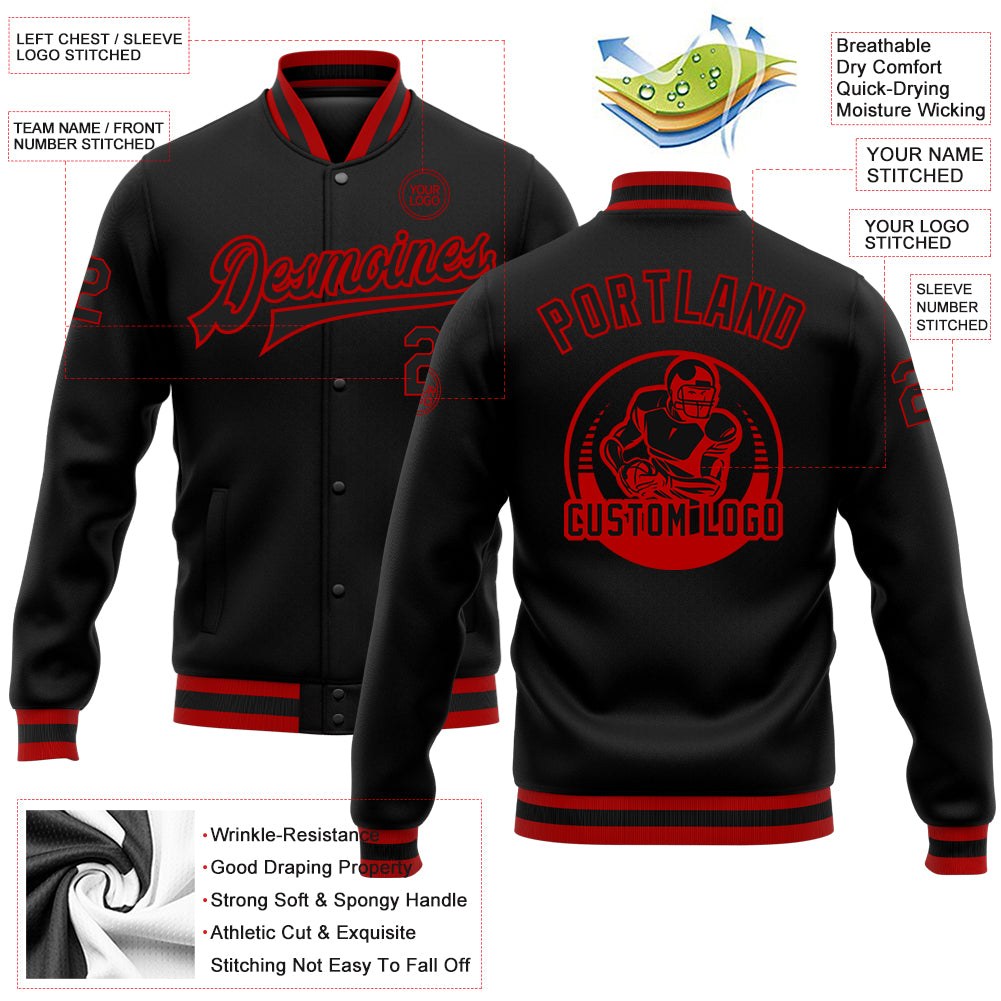Custom Black Black-Red Bomber Full-Snap Varsity Letterman Jacket photo 5