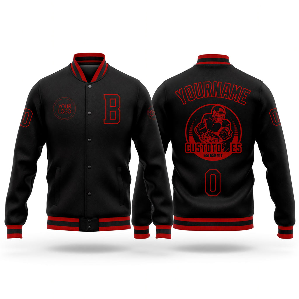 Custom Black Black-Red Bomber Full-Snap Varsity Letterman Jacket