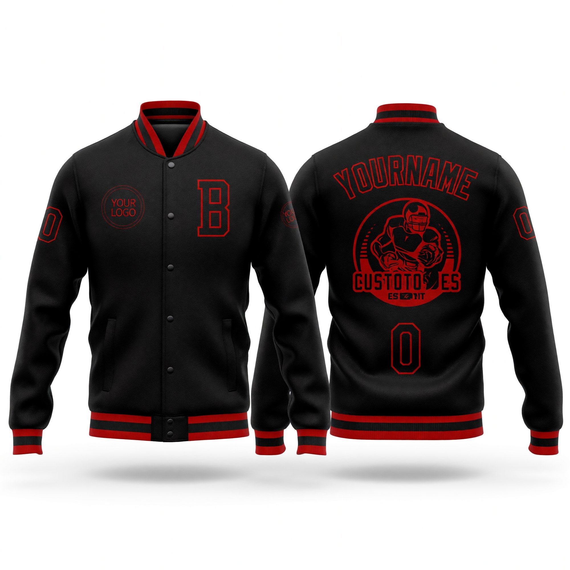Custom Black Black-Red Bomber Full-Snap Varsity Letterman Jacket