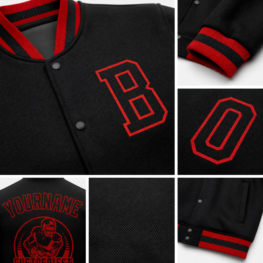 Custom Black Black-Red Bomber Full-Snap Varsity Letterman Jacket detail