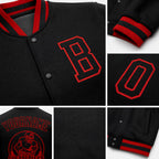 Custom Black Black-Red Bomber Full-Snap Varsity Letterman Jacket detail