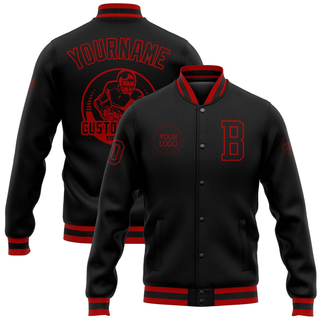 Custom Black Black-Red Bomber Full-Snap Varsity Letterman Jacket photo 1