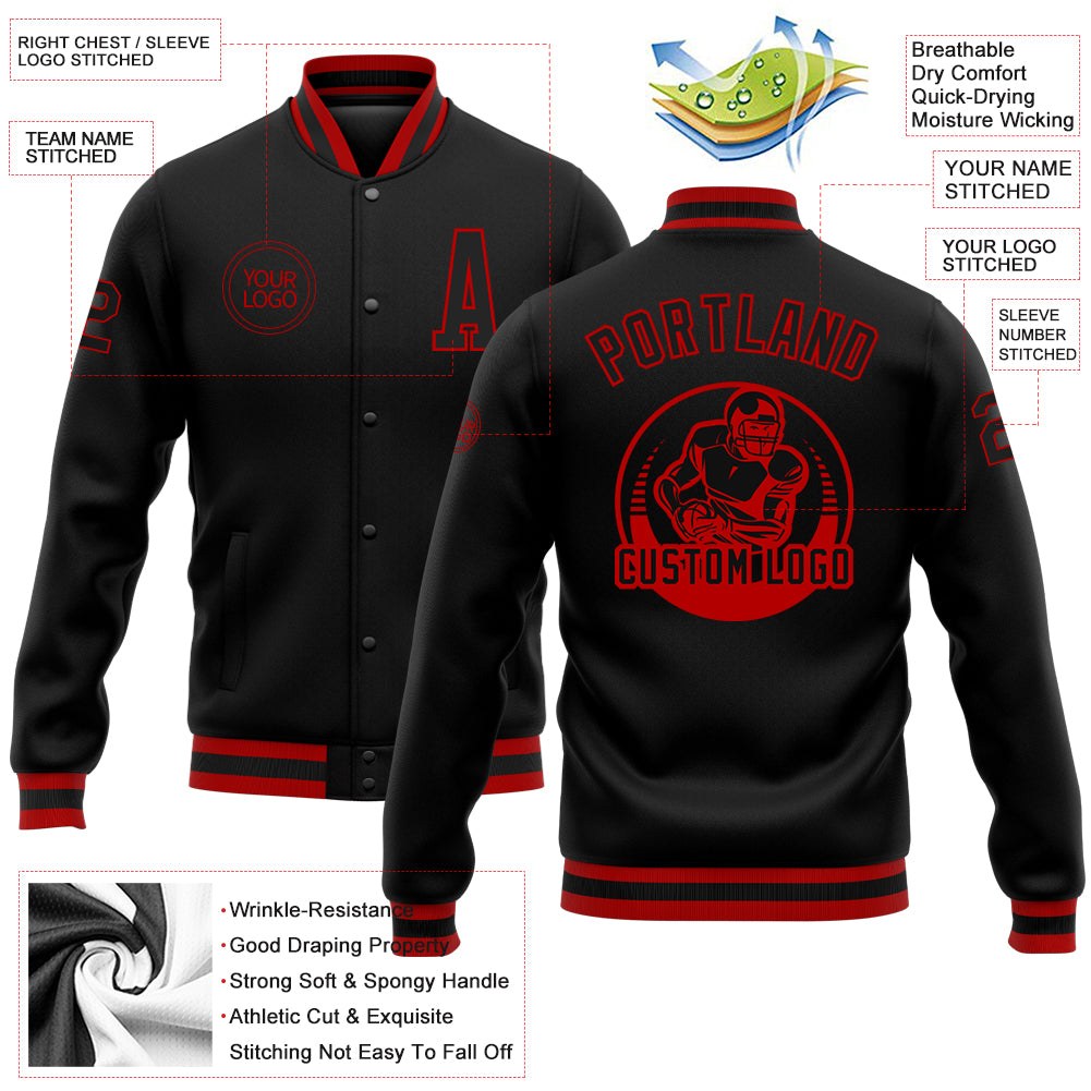 Custom Black Black-Red Bomber Full-Snap Varsity Letterman Jacket photo 5