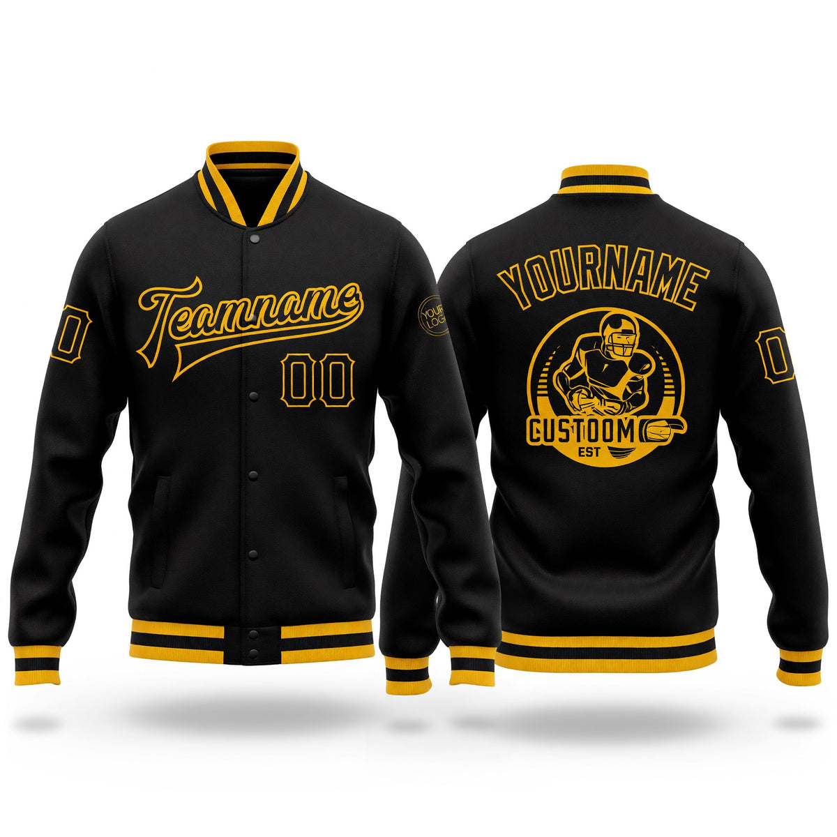 Custom Black Black-Gold Bomber Full-Snap Varsity Letterman Jacket