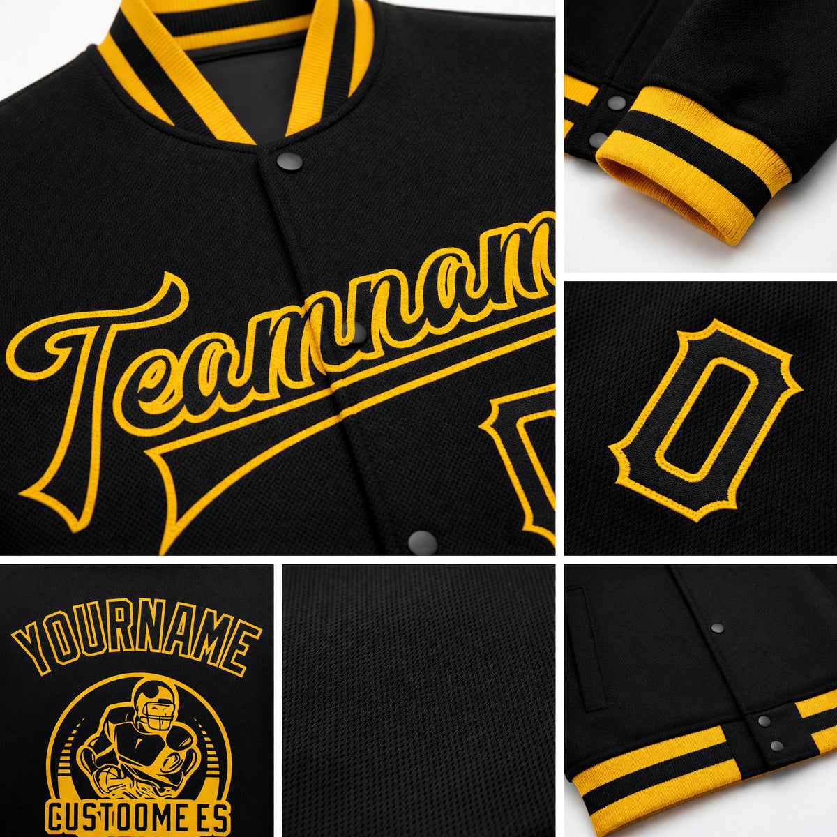 Custom Black Black-Gold Bomber Full-Snap Varsity Letterman Jacket detail