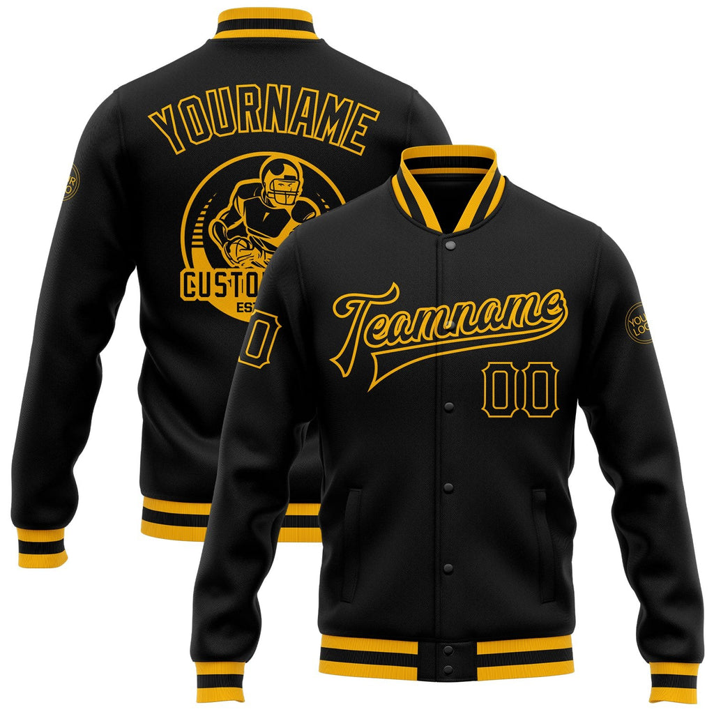 Custom Black Black-Gold Bomber Full-Snap Varsity Letterman Jacket photo 1