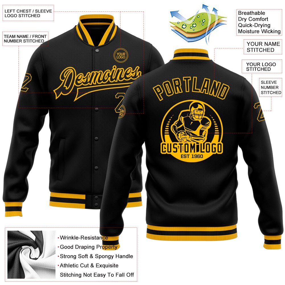 Custom Black Black-Gold Bomber Full-Snap Varsity Letterman Jacket photo 5