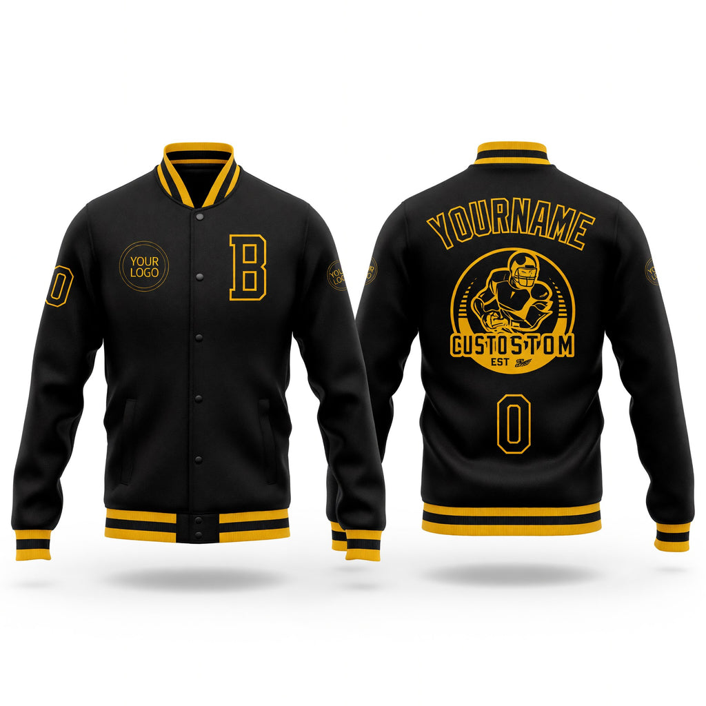 Custom Black Black-Gold Bomber Full-Snap Varsity Letterman Jacket