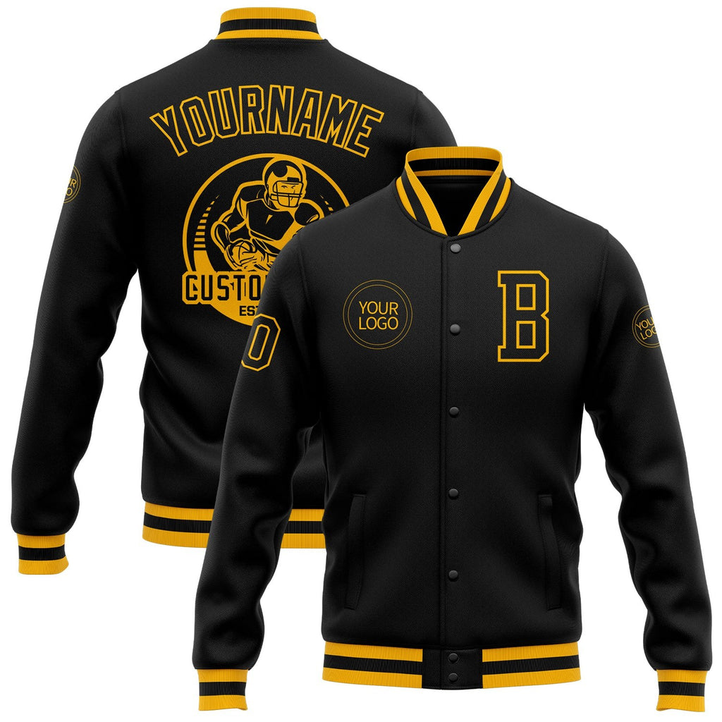 Custom Black Black-Gold Bomber Full-Snap Varsity Letterman Jacket photo 1