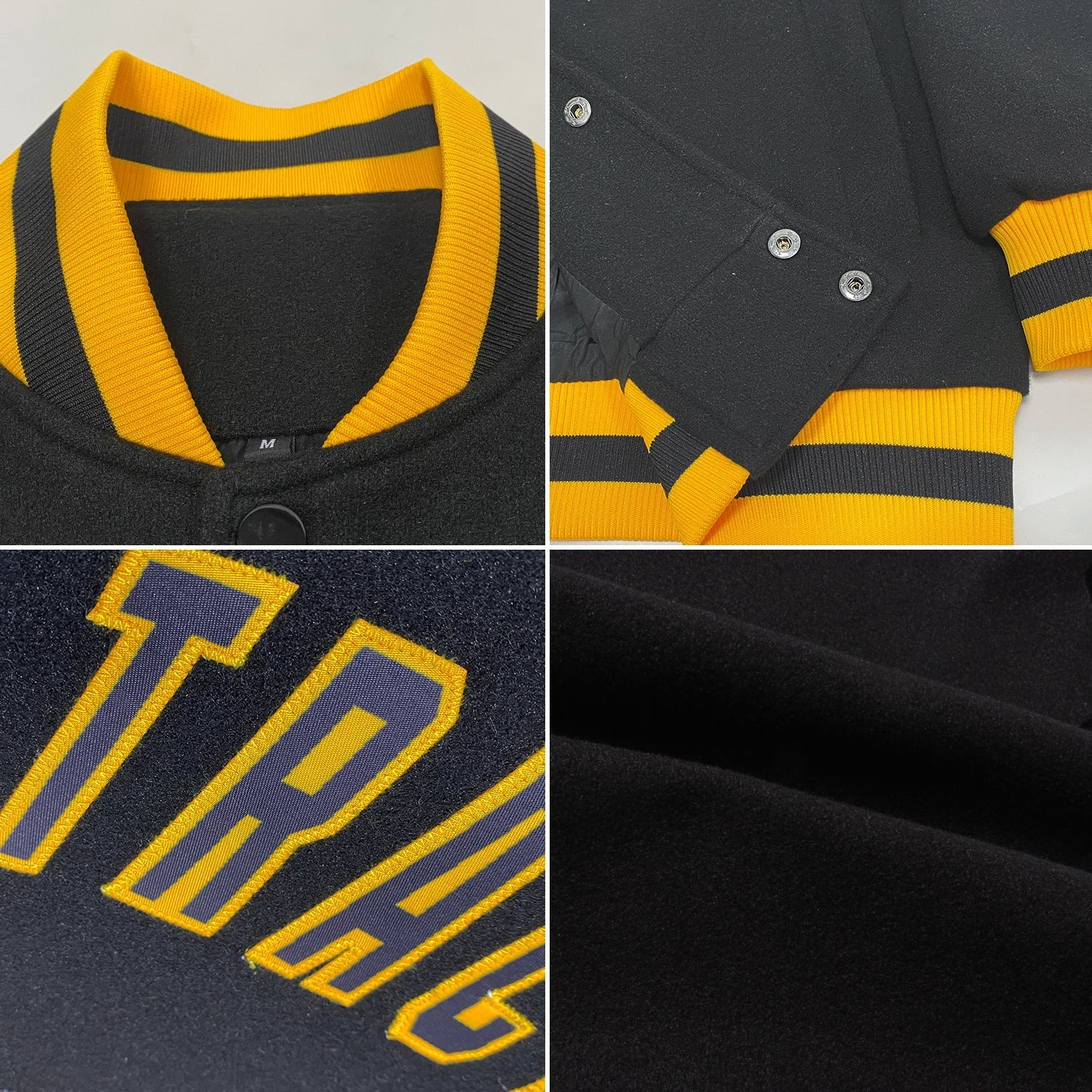 Custom Black Black-Gold Bomber Full-Snap Varsity Letterman Jacket photo 4