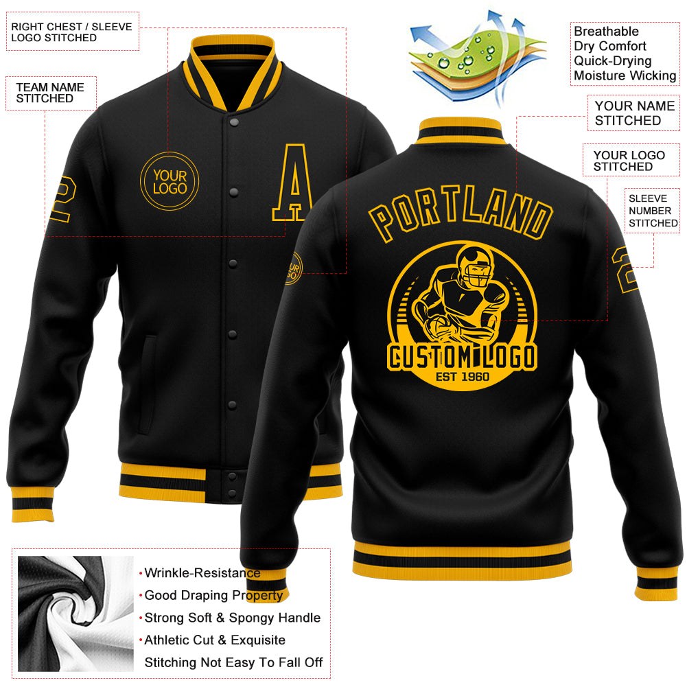 Custom Black Black-Gold Bomber Full-Snap Varsity Letterman Jacket photo 5